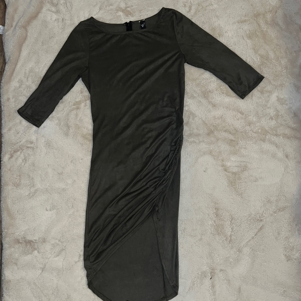 Dark green asymmetrical three quarter length sleeve dress